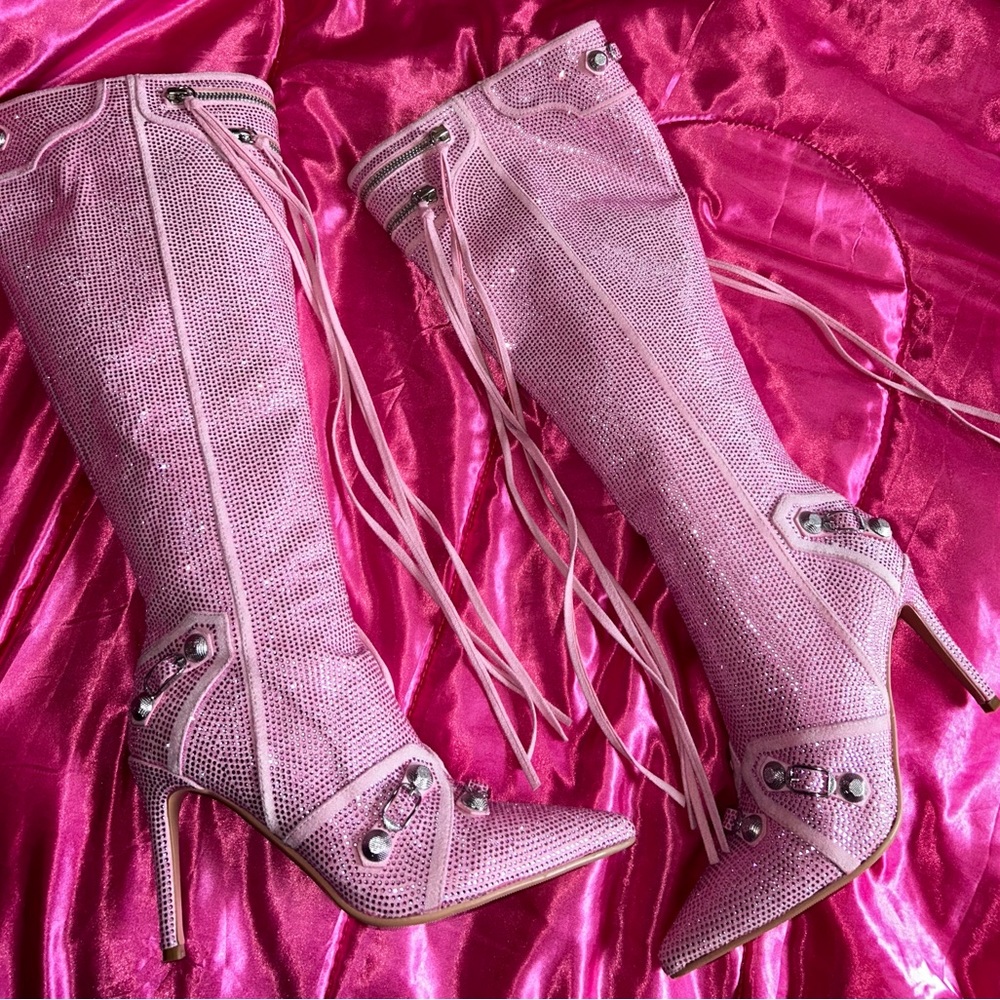 AKIRA Barbie Bubblegum Baby Pink Rhinestone Moto Boots